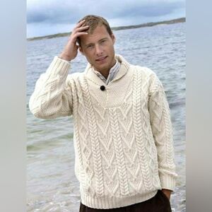 Aran Crafts Sweater 100% Merino Wool Ireland Cable Knit Shawl Collar Pockets L